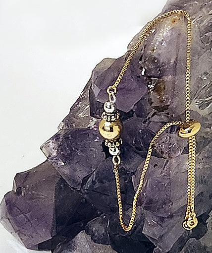 LARGE 18k GOLD BEAD WITH STERLING SILVER OVER HEMATITE ON AN ADJUSTABLE GOLD CHAIN