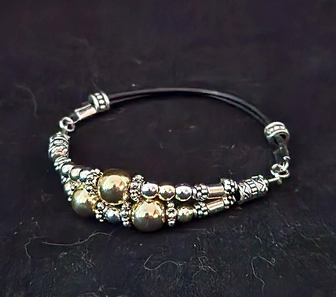 DOUBLE BAND STERLING SILVER, GOLD GUNMETAL HEMATITE ADJUSTABLE BRACELET