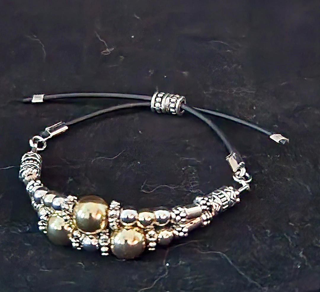 DOUBLE BAND STERLING SILVER, GOLD GUNMETAL HEMATITE ADJUSTABLE BRACELET