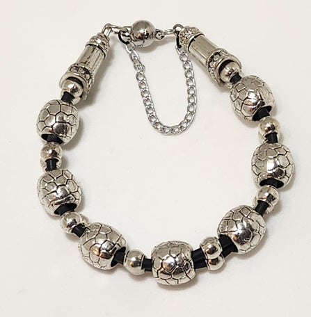 DOUBLE CORD ANTIQUE SILVER BIG ROUND BEAD BRACELET