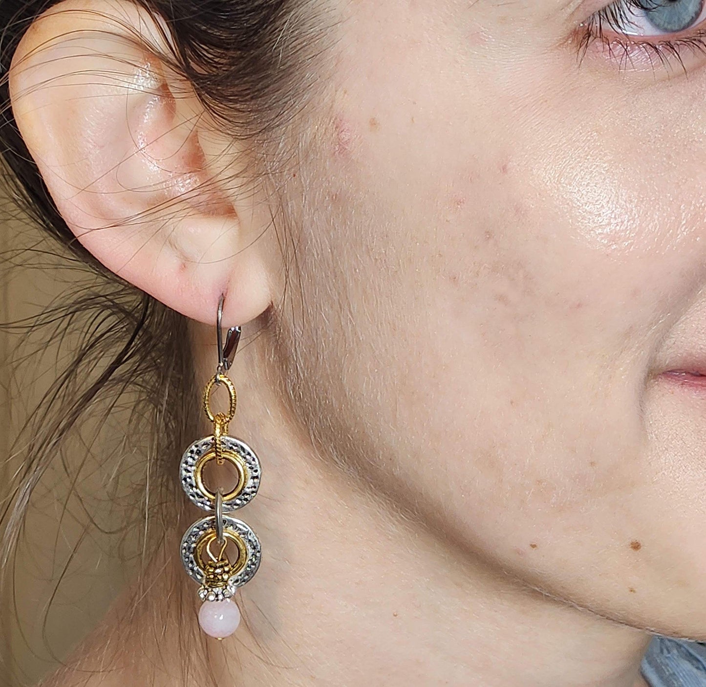 GOLD, STERLING SILVER, ROSE QUARTZ DROP ON STERLING SILVER LEVER BACK EAR WIRES