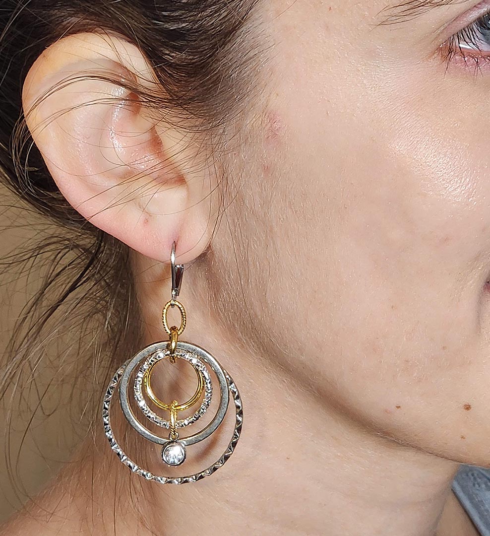 LARGE 4 GOLD,STERLING SILVER HOOPS W CRYSTAL DROP EARRINGS
