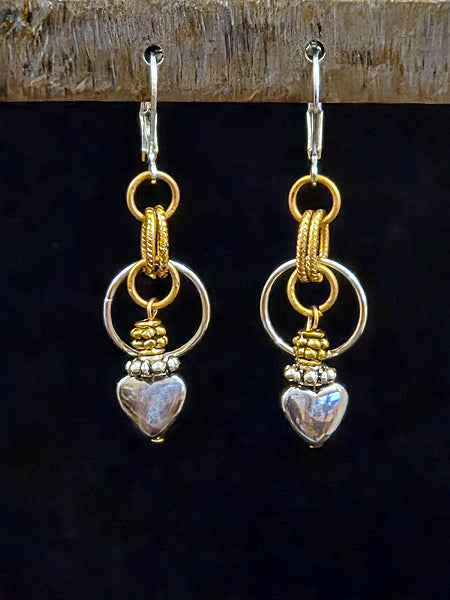 SILVER AND GOLD RINGS WITH STERLING SILVER OVER HEMATITE HEARTS LEVERBACK EARWIRES