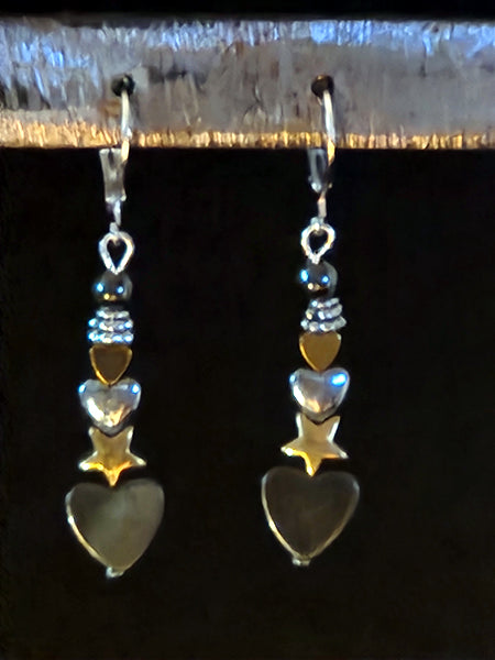 HEMATITE HEARTS WITH 14K GOLD  over hematite STARS and STERLING SILVER over hematite Hearts EARRINGS