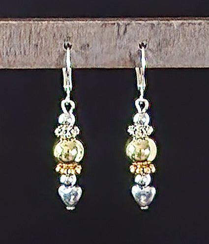 SMALL STERLING SILVER HEARTS WITH 18K GOLD BALL DROP EARRINGS