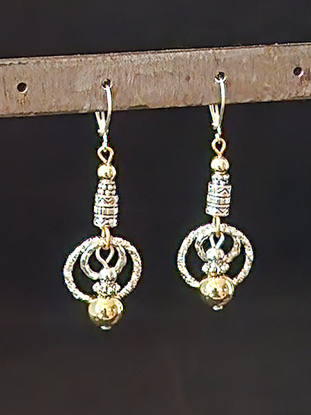 SMALL GOLD AND SILVER HOOP WITH 8MM STERLING SILVER BALL DANGLE EARRINGS