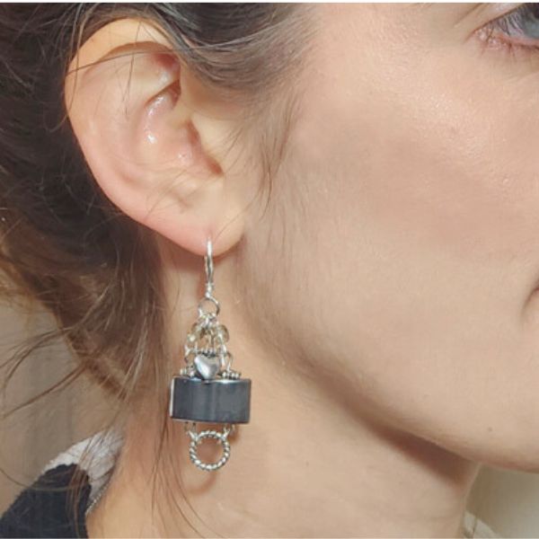 SILVER HEMATITE HALF MOON STONE W STERLING SILVER EARRINGS