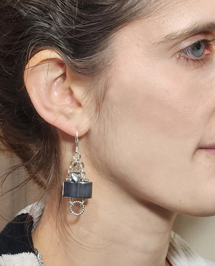 SILVER HEMATITE HALF MOON STONE W STERLING SILVER EARRINGS