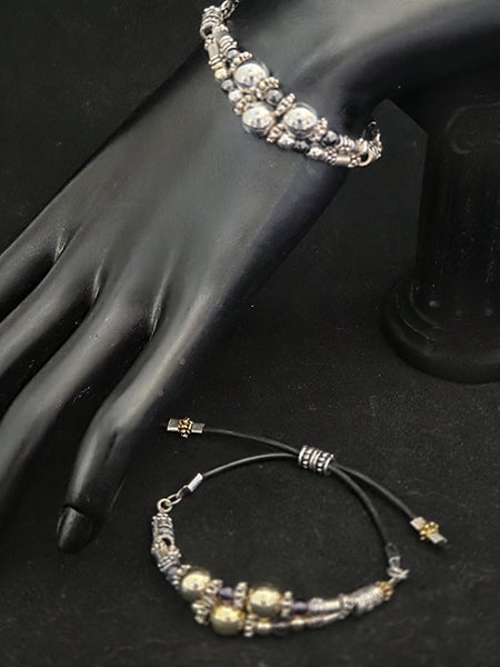 ADJUSTABLE BRACELET DOUBLE BAND GOLD,STERLING SILVER, GUNMETAL HEMATITE