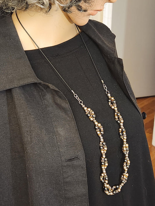 ADJUSTABLE TRIPLE TWIST NECKLACE WITH 18k GOLD, STERLING SILVER AND GRAY HEMATITE