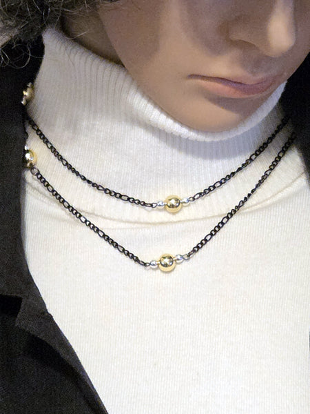 30" CONVERTIBLE GOLD & STERLING SILVER , MAGNETIC CLASP, GUNMETAL CHAIN NECKLACE