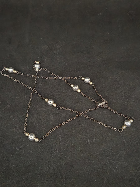 30"CONVERTIBLE STERLING SILVER & GOLD BALLS, MAGNETIC CLASP, GUNMETAL CHAIN NECKLACE