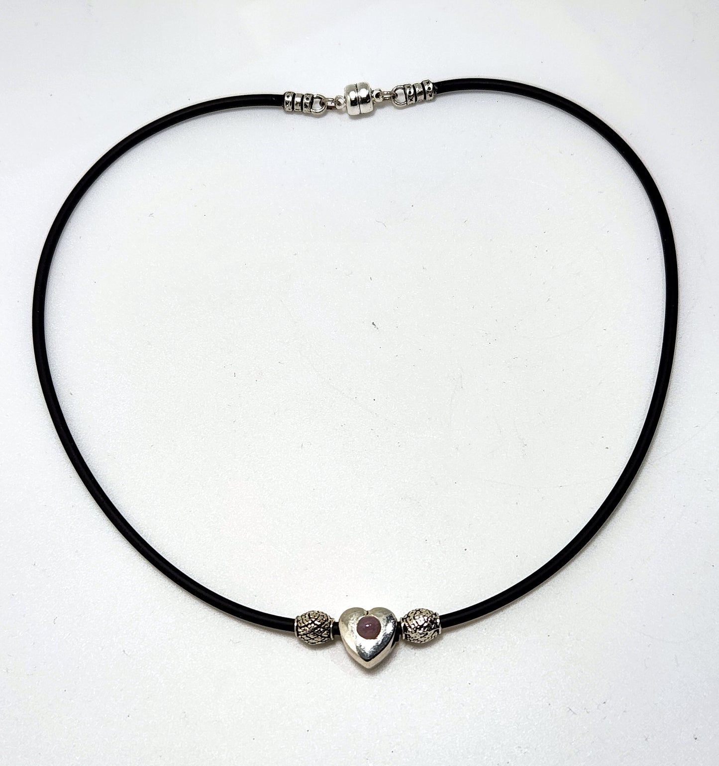 ANTIQUE PUFF HEART W RED DYED PEARL AND STERLING SILVER CHOKER