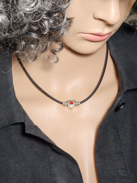 ANTIQUE PUFF HEART W RED DYED PEARL AND STERLING SILVER CHOKER