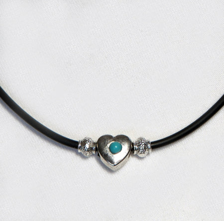 ANTIQUE PUFF HEART W TURQUOISE AND STERLING SILVER CHOKER