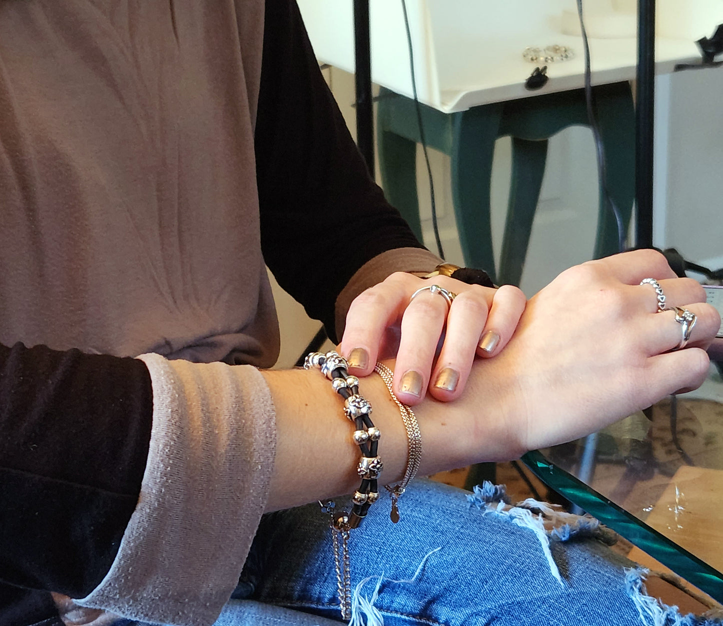 DOUBLE CORD ANTIQUE SILVER BIG ROUND BEAD BRACELET