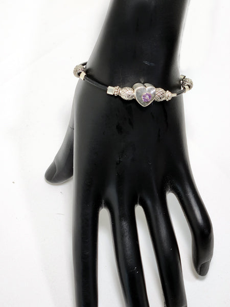ANTIQUE PUFF HEART WITH AMETHYST STONE AND STERLING SILVER BEADS BRANKLET