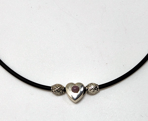 ANTIQUE PUFF HEART WITH AMETHYST AND STERLING SILVER CHOKER