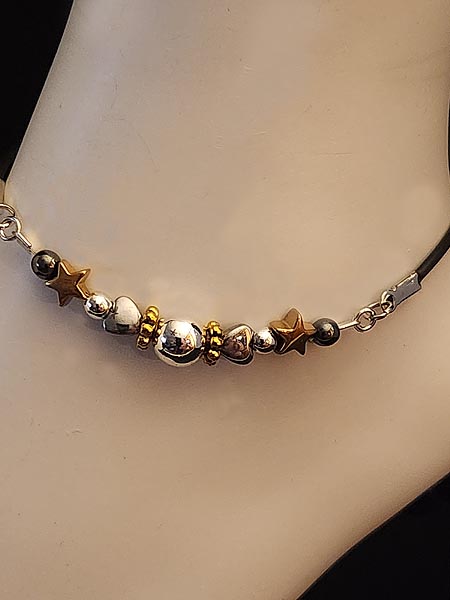 STERLING SILVER,14K GOLD OVER HEMATITE ADJUSTABLE ANKLE BRACELET