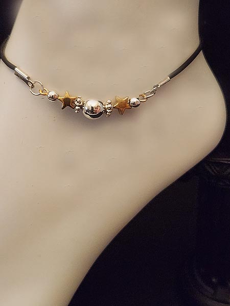 LARGE STERLING SILVER BALLS OVER HEMATITE WITH 14K GOLD STARS ADJUSTABLE ANKLE BRACELET