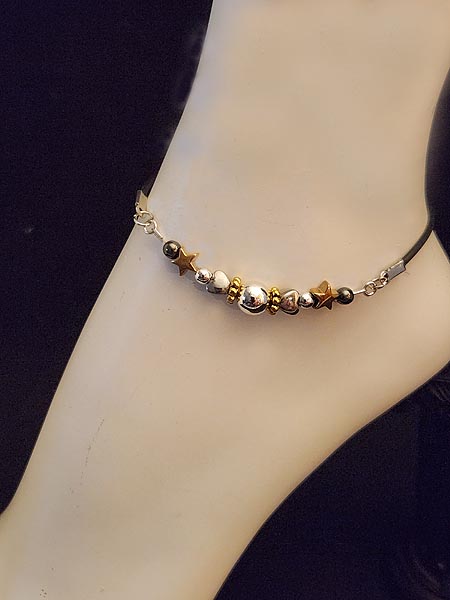 STERLING SILVER,14K GOLD OVER HEMATITE ADJUSTABLE ANKLE BRACELET