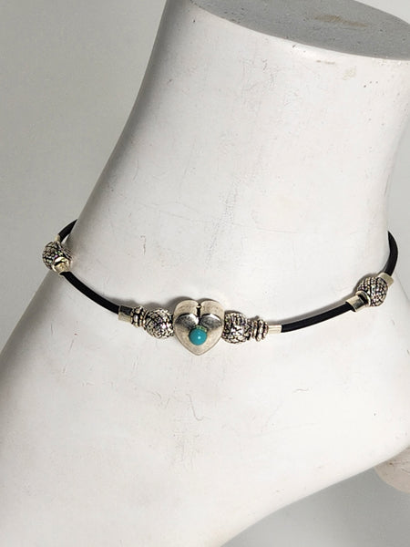 ANTIQUE PUFF HEART WITH TURQUOISE STONE AND STERLING SILVER BRANKLET