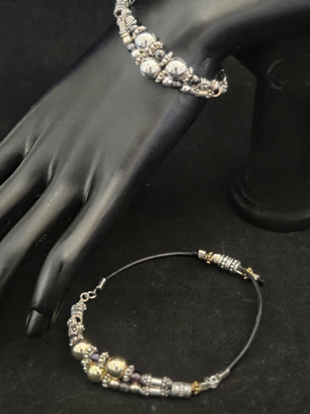 ADJUSTABLE BRACELET DOUBLE BAND with 18K GOLD,STERLING SILVER, over HEMATITE