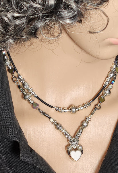 DOUBLE NECKLACE WITH ANTIQUE SILVER HEART AND STERLING SILVER BEADS CHOKER