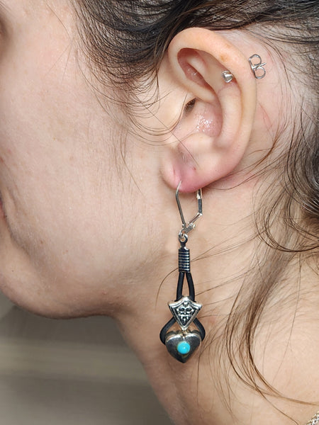 TURQUOISE AND SILVER HEART LONG EARRINGS