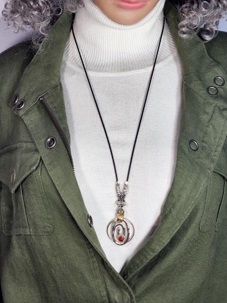 SILVER CAGE CIRCLES with SEMI-PRECIOUS STONES ADJUSTABLE NECK