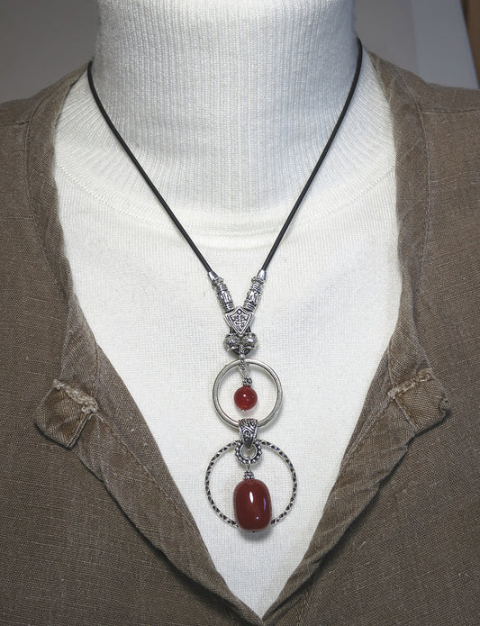 DOUBLE RING with LARGE SEMI-PRECIOUS STONE ADJUSTABLE NECKLACE