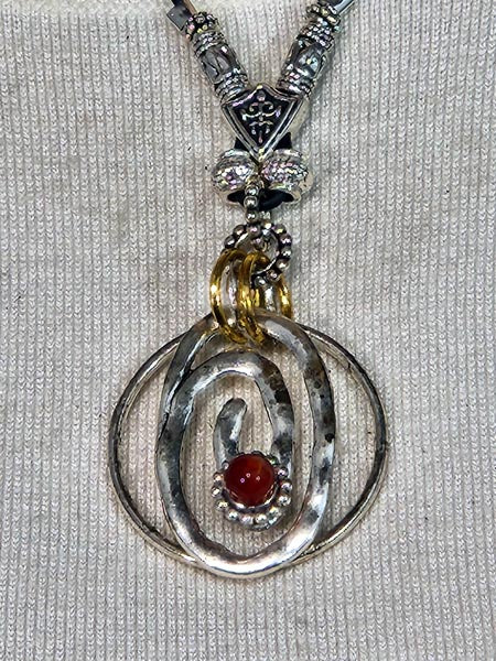 SILVER CAGE CIRCLES with SEMI-PRECIOUS STONES ADJUSTABLE NECK