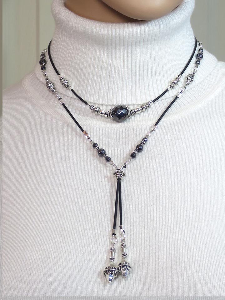 BEADED HEMATITE RUBBER CORD LARIAT