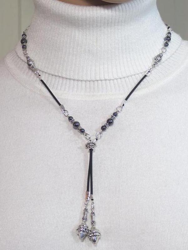 BEADED HEMATITE RUBBER CORD LARIAT
