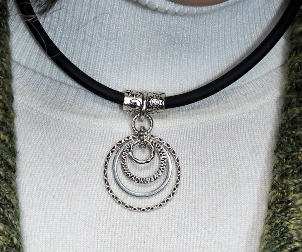 MEDIUM 4 SILVER RING on 5MM RUBBER CORD CHOKER NECKLACE