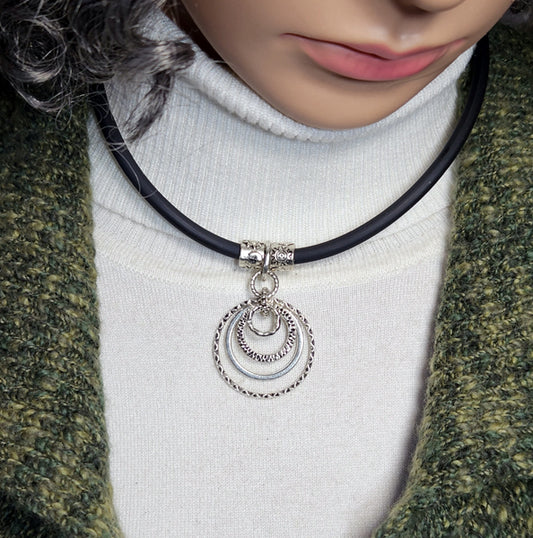 MEDIUM 4 SILVER RING on 5MM RUBBER CORD CHOKER NECKLACE