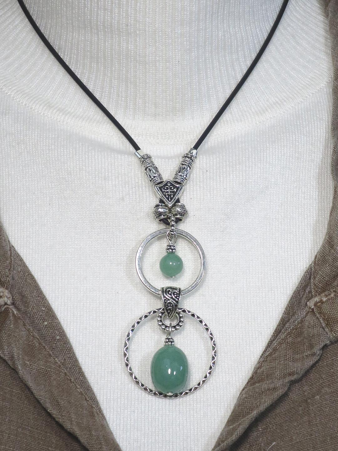 DOUBLE RING with LARGE SEMI-PRECIOUS STONE ADJUSTABLE NECKLACE