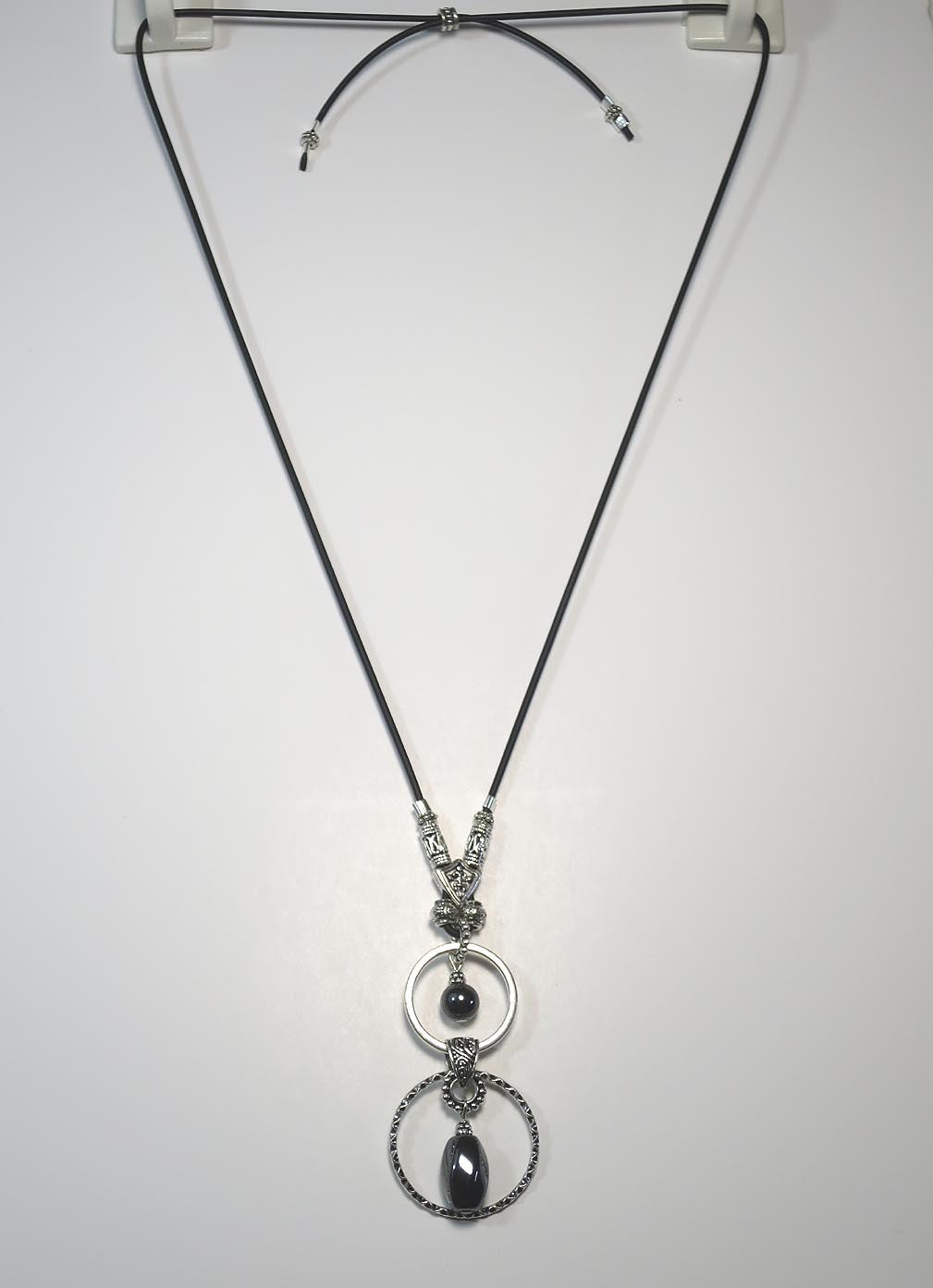 DOUBLE RING with LARGE SEMI-PRECIOUS STONE ADJUSTABLE NECKLACE