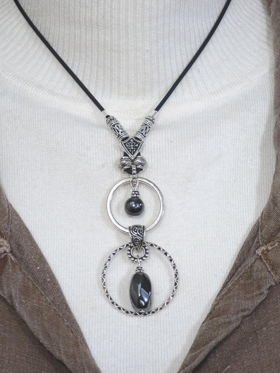 DOUBLE RING with LARGE SEMI-PRECIOUS STONE ADJUSTABLE NECKLACE