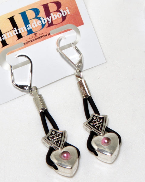 LONG ANTIQUE SILVER HEARTS W AMETHYST STONE EARRINGS