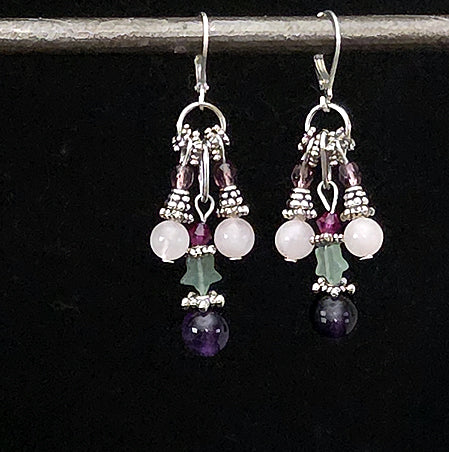 AMETHYST, ROSE QUARTZ & AVENTURINE CLUSTER EARRINGS