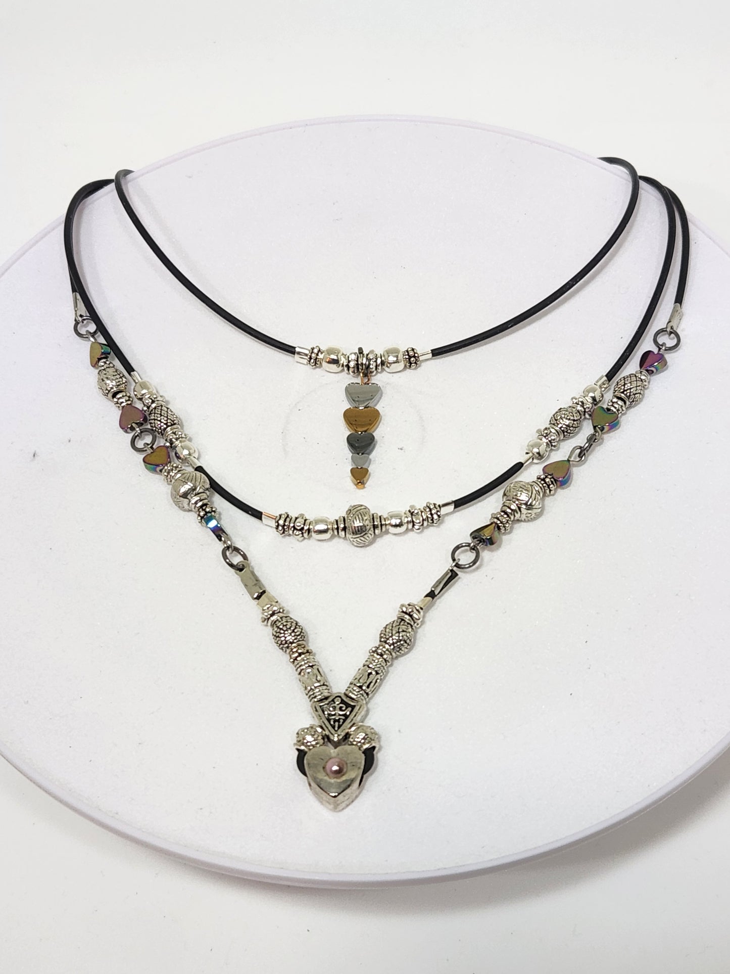 DOUBLE NECKLACE WITH ANTIQUE SILVER HEART AND STERLING SILVER BEADS CHOKER