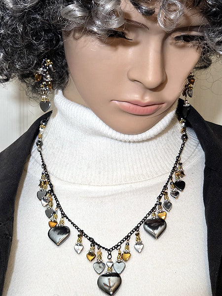 ADJUSTABLE GOLD & SILVER HEMATITE HEART NECKLACE