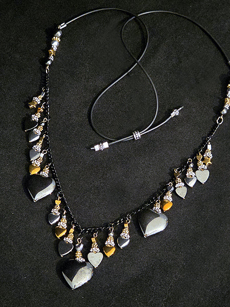ADJUSTABLE GOLD & SILVER HEMATITE HEART NECKLACE