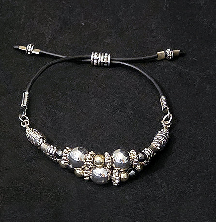 ADJUSTABLE BRACELET  DOUBLE BAND with STERLING SILVER, 18K GOLD over HEMATITE