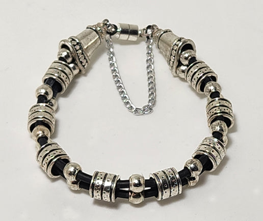 DOUBLE CORD ANTIQUE SILVER STRIPPED BEAD BRACELET