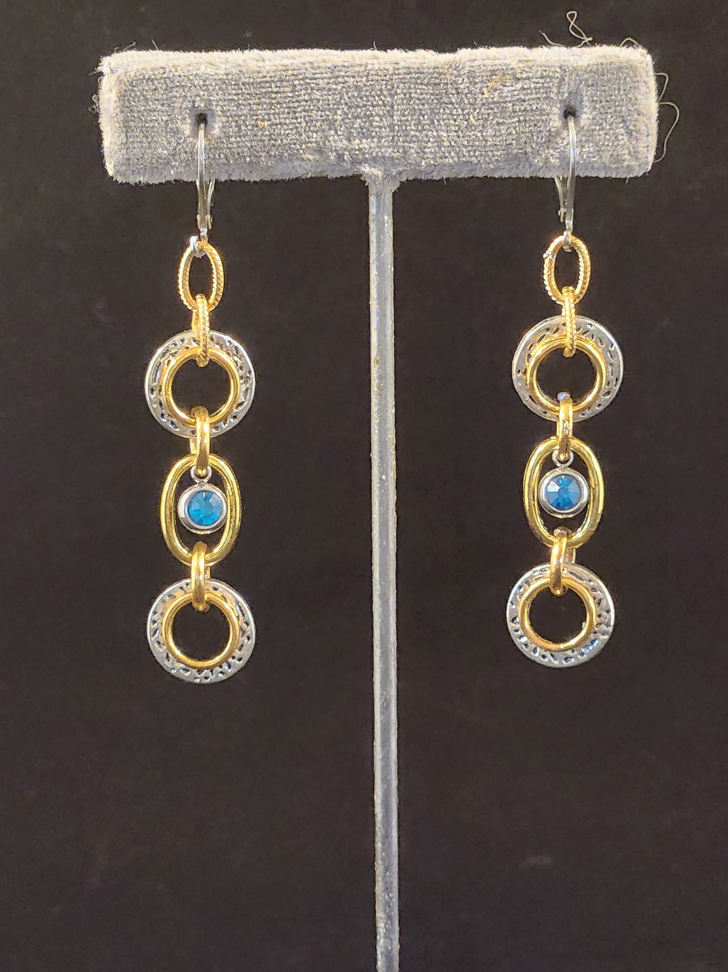 GOLD, STERLING SILVER, THREE HOOP DROPS W CRYSTAL DROP EARRINGS