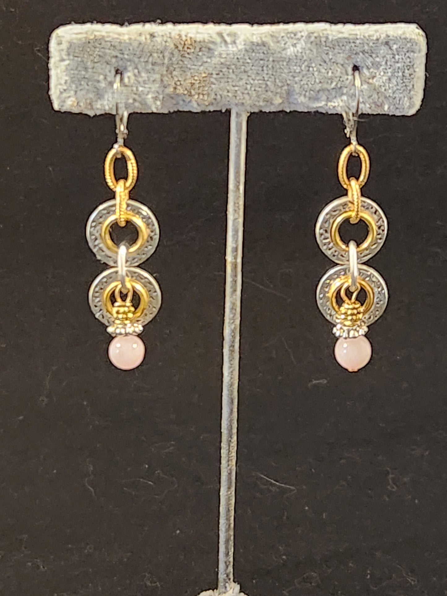 GOLD, STERLING SILVER, ROSE QUARTZ DROP ON STERLING SILVER LEVER BACK EAR WIRES