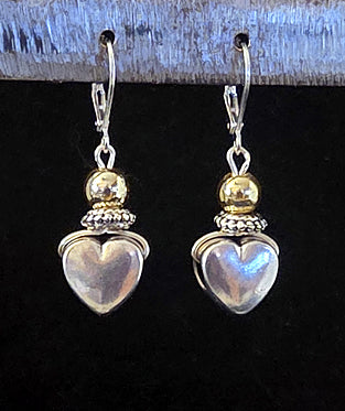 LARGE ANTIQUE  SILVER PUFF HEART WITH 18K GOLD BALLS ON LEVERBACK EARWIRES