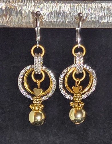 SILVER AND GOLD RINGS LAYERED WITH A 8MM 18K GOLD OVER HEMATITE LEVERBACK EARWIRES